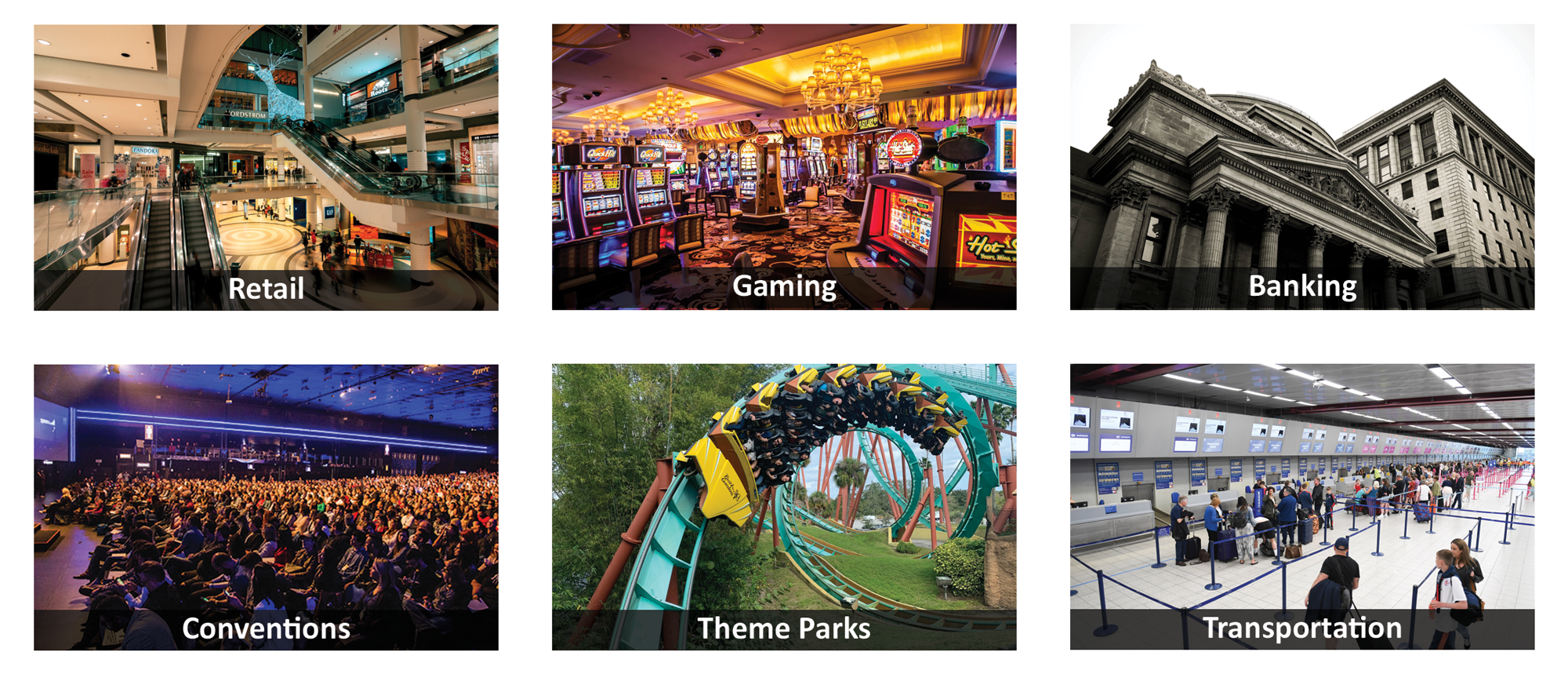 industries include retail gaming banking conventions theme parks transportation